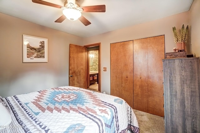 bedroom with a closet, carpet flooring, and ceiling fan