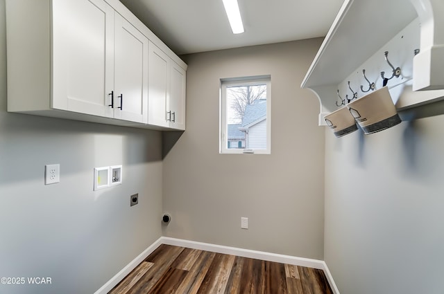 laundry room featuring washer hookup, dark wood-style flooring, cabinet space, electric dryer hookup, and baseboards