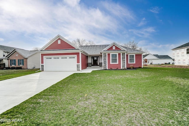 view of front of property featuring a garage, stone siding, concrete driveway, and a front yard