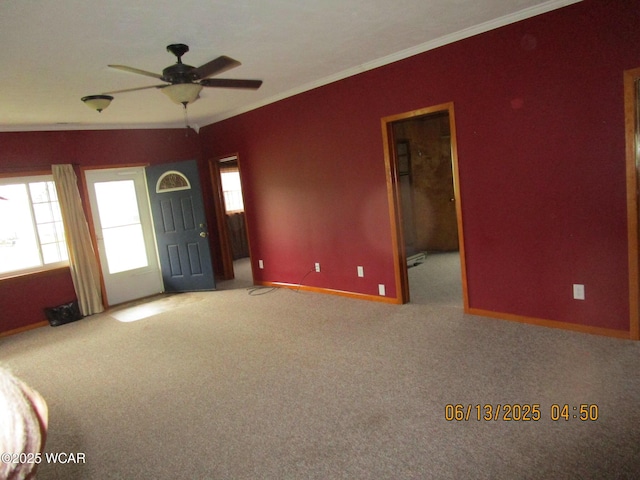 16255 Elevator Rd, Street, Forest, OH 45843 - carpeted empty room with plenty of natural light, ornamental molding, and a ceiling fan
