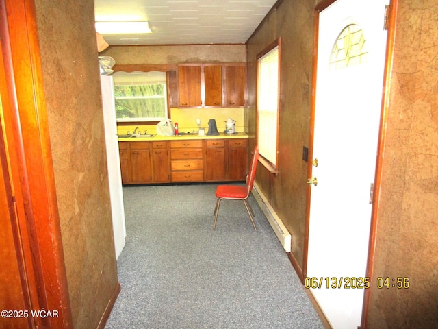 16255 Elevator Rd, Street, Forest, OH 45843 - kitchen with dark colored carpet, brown cabinets, and light countertops