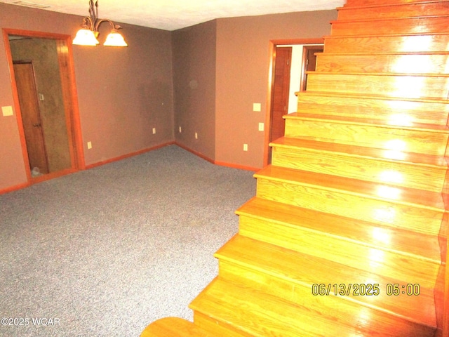 16255 Elevator Rd, Street, Forest, OH 45843 - stairs featuring carpet flooring and a chandelier