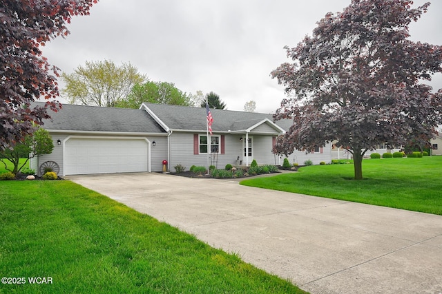 ranch-style house featuring concrete driveway, a front yard, and an attached garage