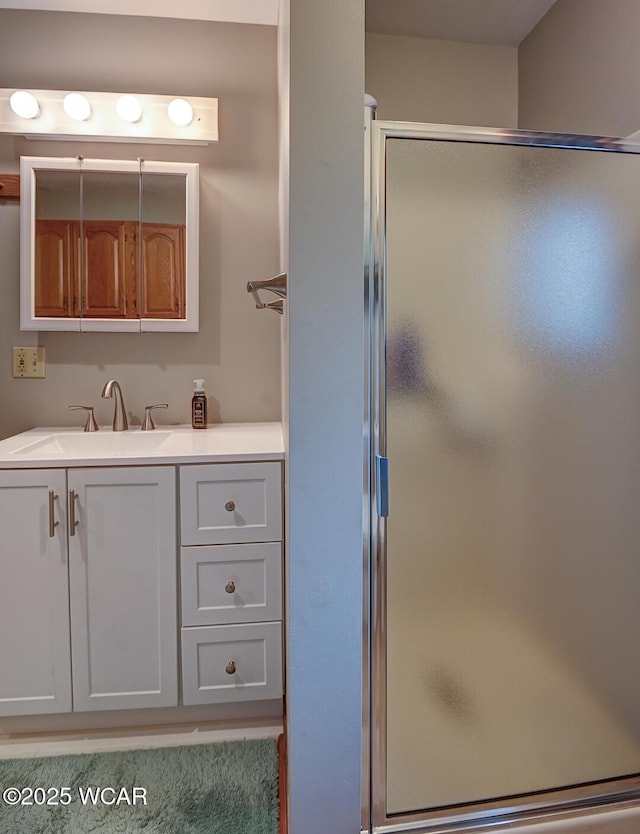 bathroom with a shower stall and vanity