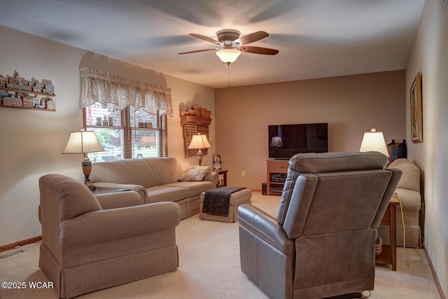 living room with light colored carpet, a ceiling fan, and visible vents