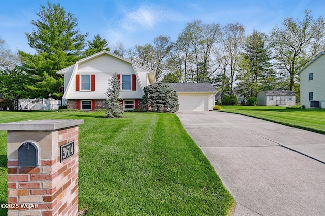 tri-level home featuring brick siding, cooling unit, a front lawn, and a gambrel roof