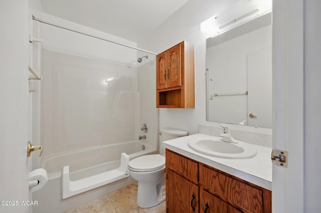 bathroom featuring toilet, tile patterned floors, bathing tub / shower combination, and vanity