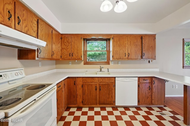 kitchen with a sink, light floors, white appliances, and a wealth of natural light