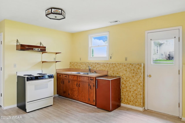 kitchen with visible vents, a sink, under cabinet range hood, electric stove, and light wood finished floors