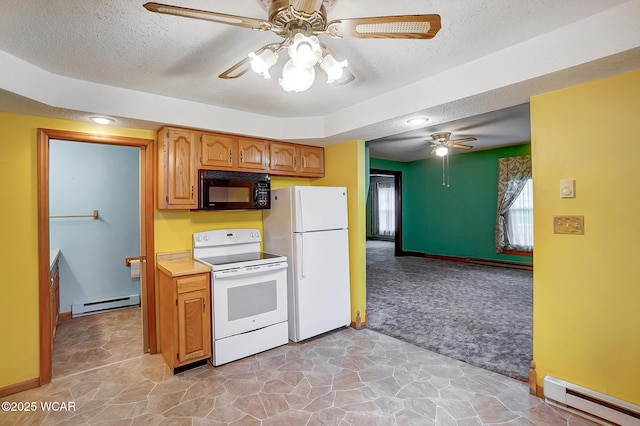 kitchen featuring white appliances, a textured ceiling, a baseboard heating unit, and a ceiling fan