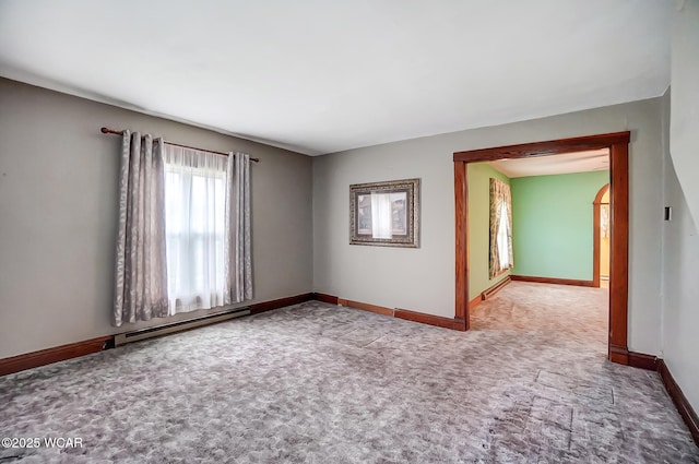 unfurnished room featuring baseboards, carpet floors, and baseboard heating