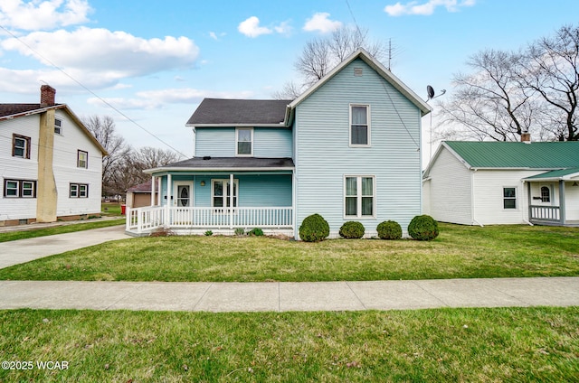 view of front facade featuring a porch, a garage, roof with shingles, and a front lawn