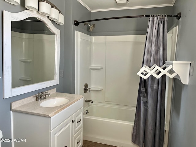 bathroom featuring vanity, shower / tub combo with curtain, and crown molding