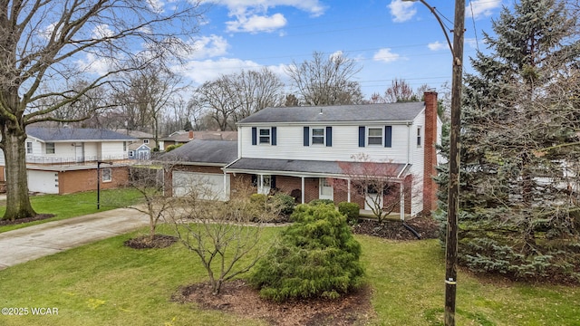 traditional home featuring a chimney, driveway, an attached garage, a front lawn, and a shingled roof