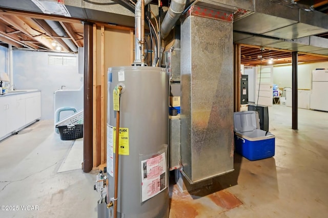 216 N Rauthland Ave, Wapakoneta, OH 45895 - utility room featuring water heater, heating unit, and a sink