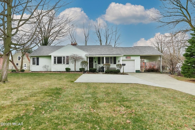 single story home with a garage, a shingled roof, driveway, a chimney, and a front yard