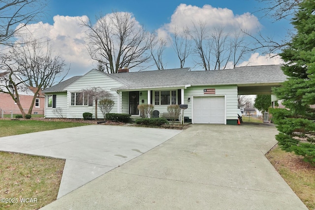 ranch-style home with a garage, concrete driveway, a porch, and a chimney