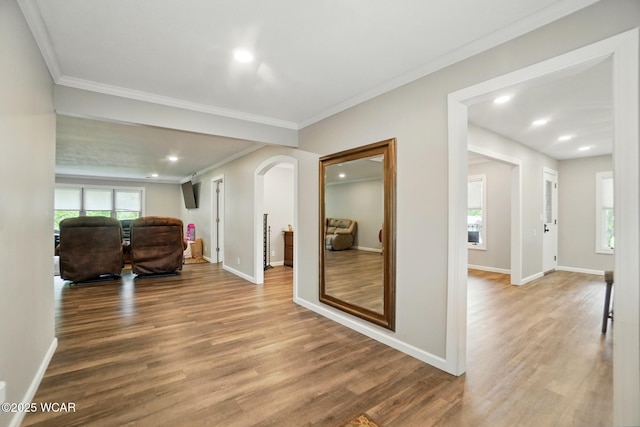 2635 Adgate Rd Unit 1D # 210, Lima, OH 45805 - hall with arched walkways, wood finished floors, baseboards, crown molding, and recessed lighting