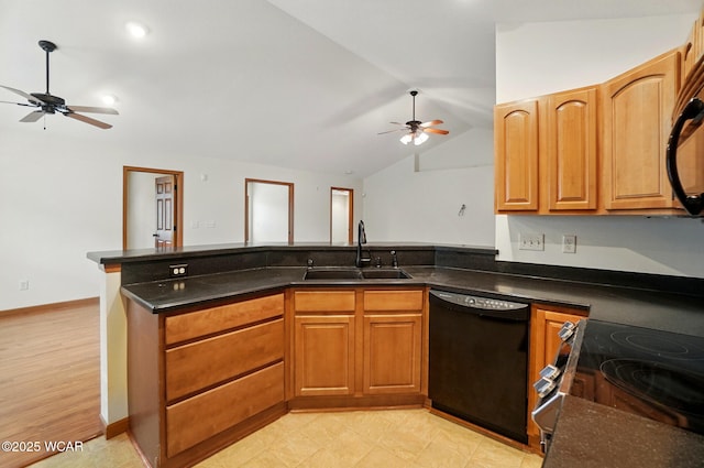 kitchen with vaulted ceiling, a ceiling fan, a sink, black appliances, and a peninsula