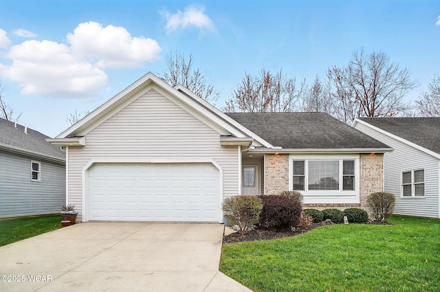 ranch-style house featuring a shingled roof, concrete driveway, an attached garage, brick siding, and a front yard