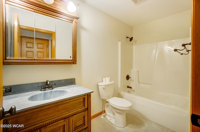 full bathroom with toilet, shower / bathtub combination, baseboards, tile patterned flooring, and vanity
