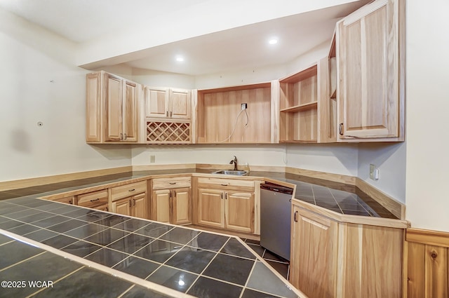 kitchen with dishwasher, tile countertops, light brown cabinets, open shelves, and a sink