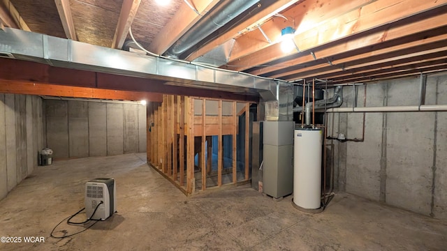 basement with heating unit and water heater