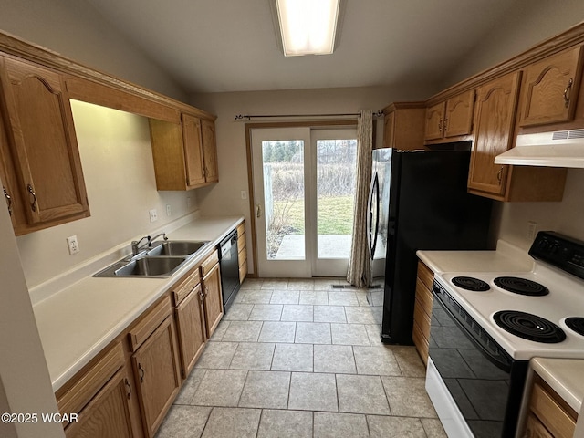 kitchen with sink, dishwasher, vaulted ceiling, and electric range