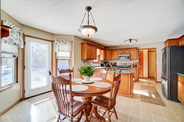 tiled dining room featuring sink, plenty of natural light, and track lighting