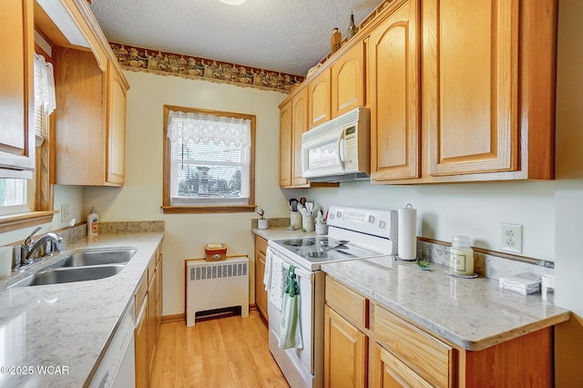 kitchen featuring a sink, a textured ceiling, radiator heating unit, white appliances, and light wood-style floors