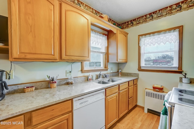 kitchen featuring radiator heating unit, white dishwasher, a sink, electric stove, and light wood-type flooring