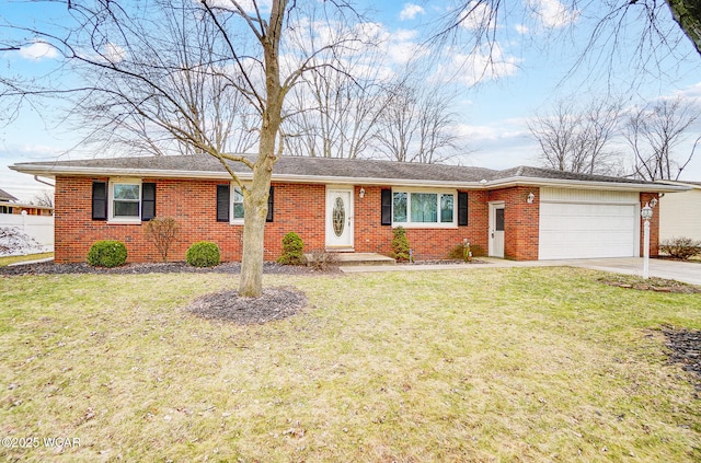 ranch-style house with a garage and a front lawn