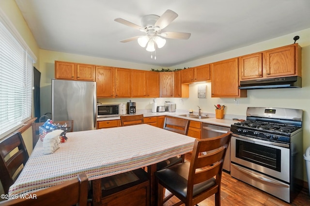 kitchen featuring ceiling fan, light countertops, under cabinet range hood, a sink, and appliances with stainless steel finishes