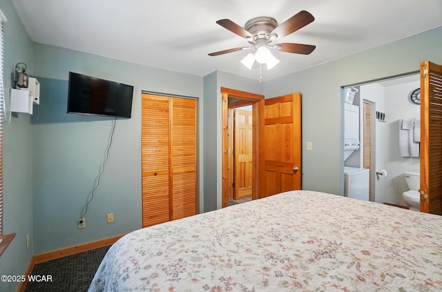 carpeted bedroom featuring baseboards, a ceiling fan, a closet, and connected bathroom