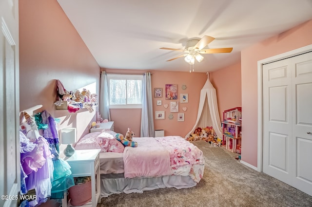 bedroom with a closet, ceiling fan, and carpet