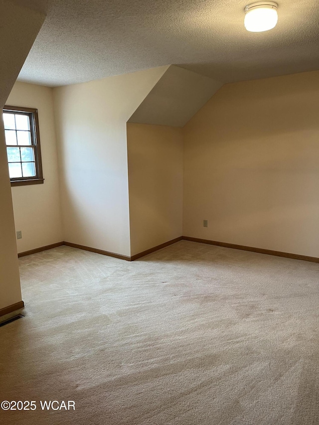 additional living space featuring light colored carpet, vaulted ceiling, and a textured ceiling