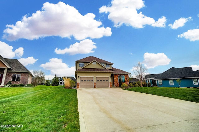 craftsman-style house with brick siding, driveway, and a front yard