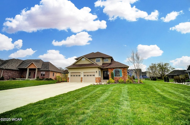 craftsman inspired home featuring concrete driveway, a garage, and a front lawn