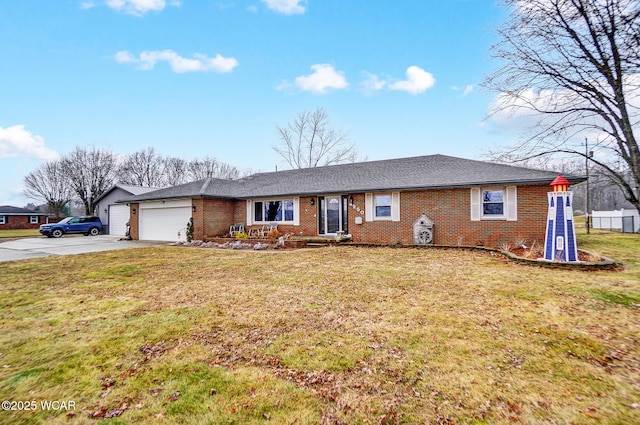 ranch-style house with driveway, an attached garage, a front lawn, and brick siding