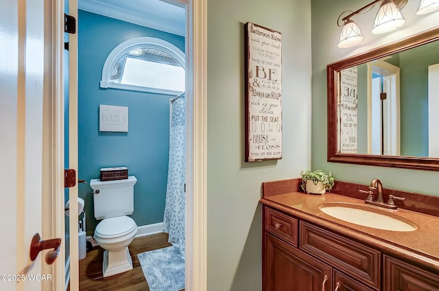 bathroom featuring a shower with curtain, vanity, toilet, and wood-type flooring