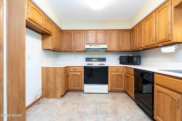 81 Riley Creek Ct, Bluffton, OH 45817 - kitchen with black appliances, under cabinet range hood, brown cabinets, and a textured ceiling