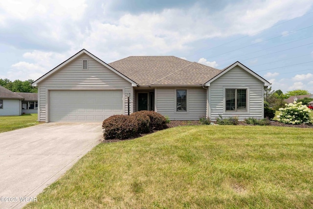 81 Riley Creek Ct, Bluffton, OH 45817 - ranch-style home featuring an attached garage, driveway, a front lawn, and roof with shingles