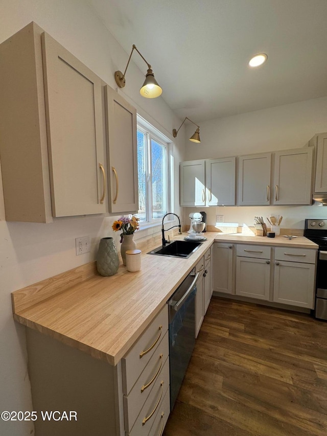 kitchen featuring a sink, dark wood-style floors, recessed lighting, stainless steel appliances, and wooden counters