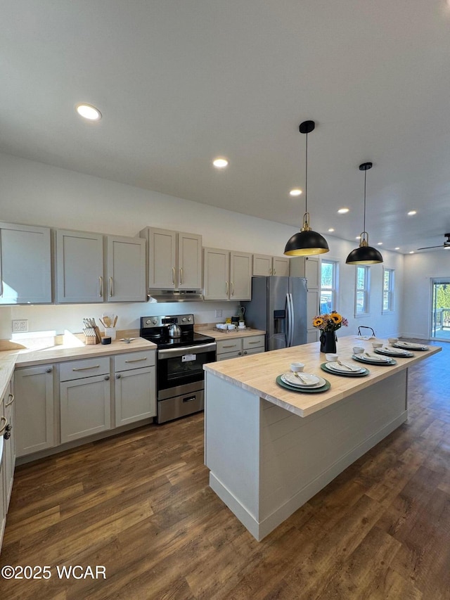 kitchen featuring light countertops, dark wood-style flooring, under cabinet range hood, and stainless steel appliances