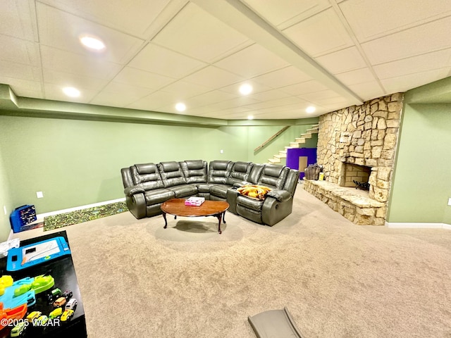 2969 Sands Rd, Lima, OH 45805 - carpeted living area with baseboards, a drop ceiling, recessed lighting, and stairs