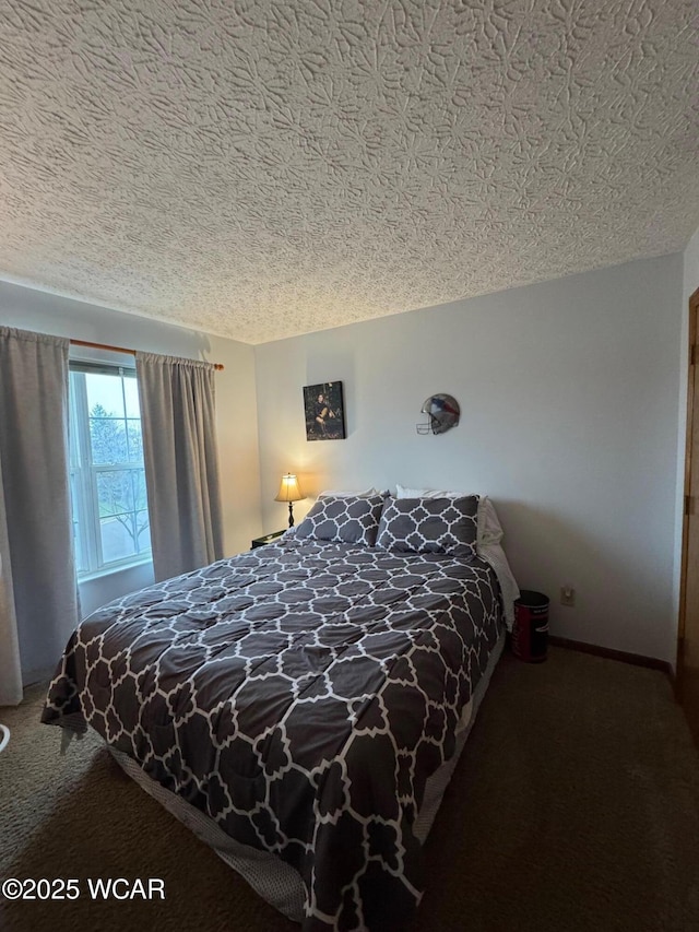 carpeted bedroom with a textured ceiling