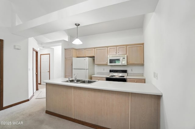 556 Westerly Dr, Lima, OH 45805 - kitchen featuring white appliances, light brown cabinetry, light colored carpet, light countertops, and pendant lighting