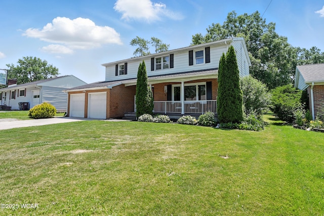 1851 Wendell Ave, Lima, OH 45805 - traditional-style house featuring covered porch, brick siding, concrete driveway, a garage, and a front lawn