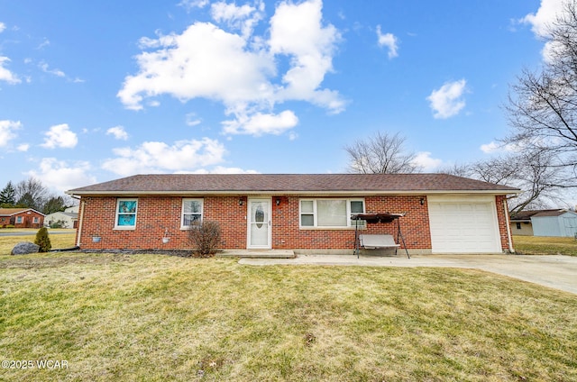 ranch-style home featuring a garage, brick siding, driveway, and a front lawn