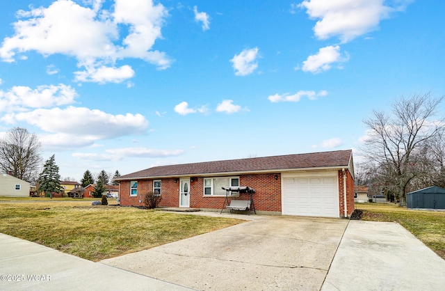 single story home with an attached garage, brick siding, concrete driveway, and a front yard